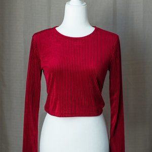 Forever 21 Red Ribbed Velvet Long Sleeve Crop Top Size Medium